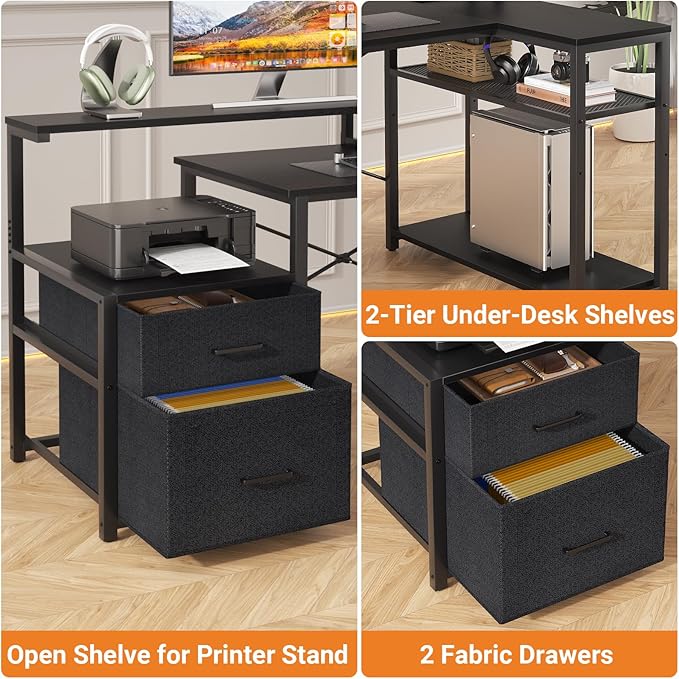 Aheaplus L Shaped Desk with File Drawer Reversible L Shaped Computer Desk Gaming Desk with Power Outlet &amp LED Strip Home Office Desk with Monitor Shelf Corner Desk with Storage Shelves Black