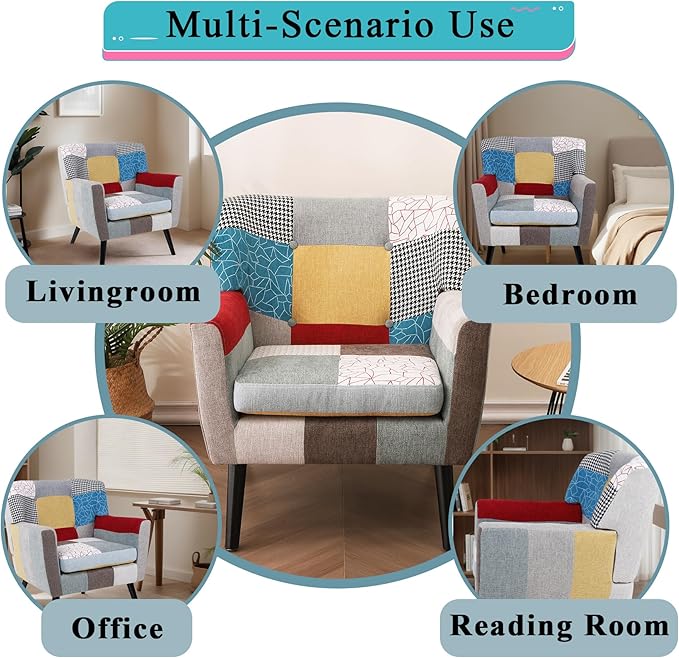 Colorful Accent Chair &amp Boho Accent Chair Comfy Arm Chair with Wide Back for Bedroom Living Room Linen Fabric Patchwork Wood Legs