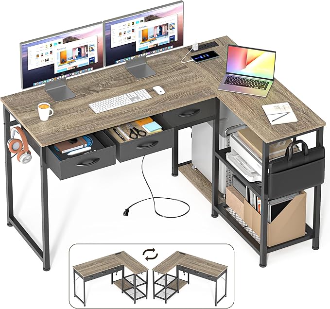 Gizoon 53 Inch L Shaped Computer Desk with Drawers Corner Desk with Power Outlets &amp Reversible Storage Shelves with CPU Stand and 2 Hooks for Home Office Gaming (Grey)