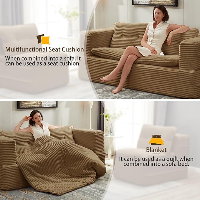 80 Convertible Sectional Sofa Bed with Independent Chaise Lounge and Functional Blanket Multi-Functional Corduroy Boneless Couch Foldable Futon Sleeper Sofa with Deep Seat Brown