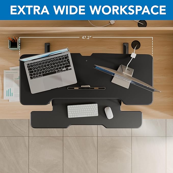 Mount-It! 47 Standing Desk Converter XL Desktop Sit-Stand Desk Riser with Gas Spring Height Adjustment Wide Desk Topper for Dual Monitors or Monitor &amp Laptop Keyboard Tray Black
