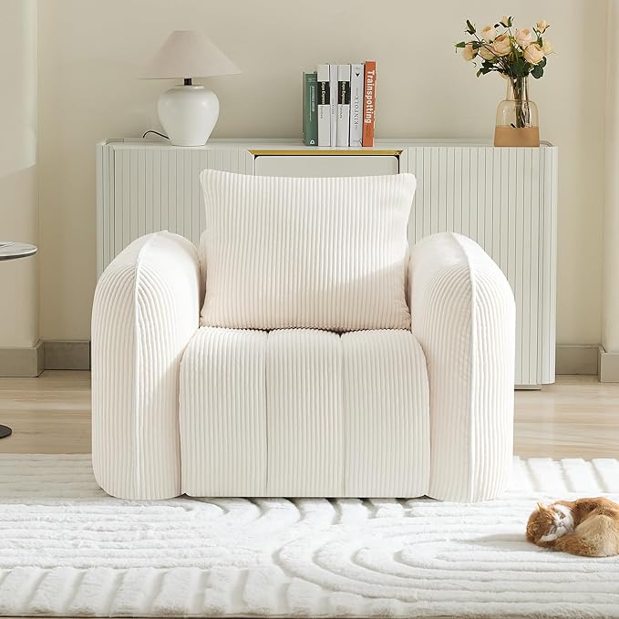 Oversized Boneless Corduroy Accent Chair Comfy Deep Seat Armchair for Bedroom Modern Upholstered Living Room Sofa Chair with Pillow No Assembly White