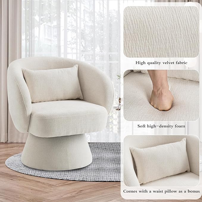 Swivel Accent Chair Sherpa Bucket Chair Velvet Upholstered Armchair 360° Swivel Bucket Shaped Armchair with Pillow and Round Back for Living Room Bedroom Nursery (Beige)
