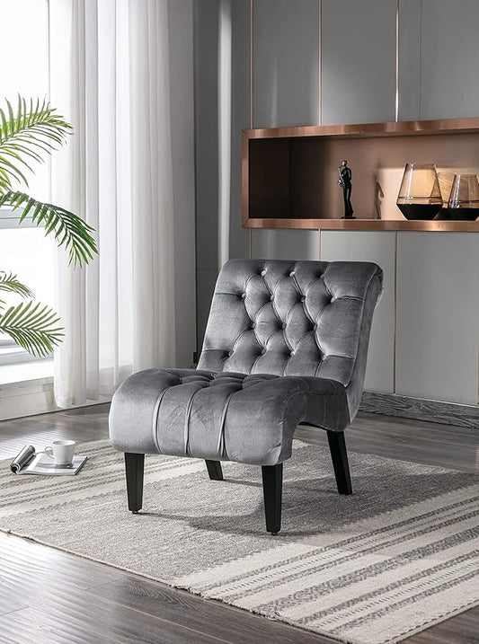 Modern Velvet Armless Accent Living Room Chair Leisure ChairUpholstered Fabric Button Comfortable Chair with Wooden Legs for Bedroom Living Room Office (Silver Velvet)