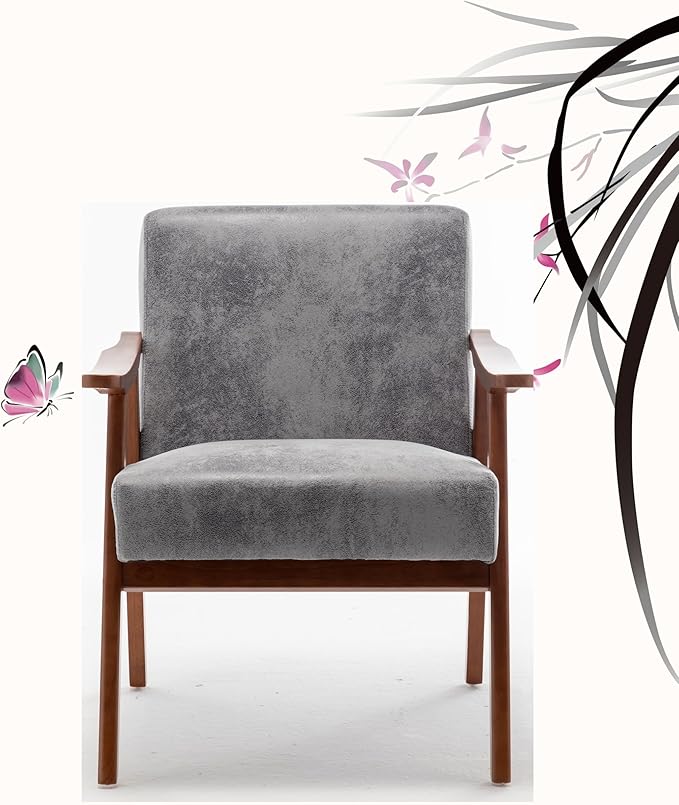 Accent Chair with Microfiber Upholstery and Solid Wood e Classic Mid Century Living Room Furniture for Extra Seating Grey