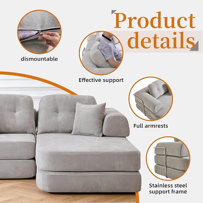 104 Modular Sectional Sofa Boneless Couch for Living RoomL-Shape Modular Sofa Bed with Fixed-Shape FrameFolding Floor Convertible Sofa Couch Bed with Reversible Chaise