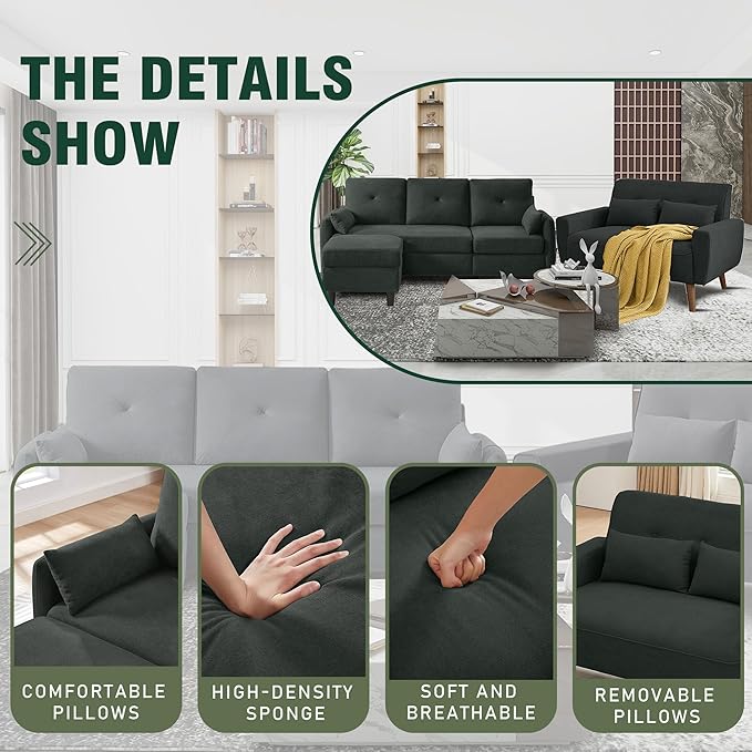 Convertible Sectional Couch Set 77 L Shaped Sofa with Ottoman and 48 Loveseat Modern Couches for Living Room Apartment and Office Black
