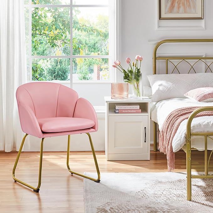 Yaheetech Modern PU Leather Armchair Flower Shaped Makeup Chair Vanity Chair with Golden Metal Legs for Living Room/Makeup Room/Bedroom/Home Office/Kitchen Simple Pink