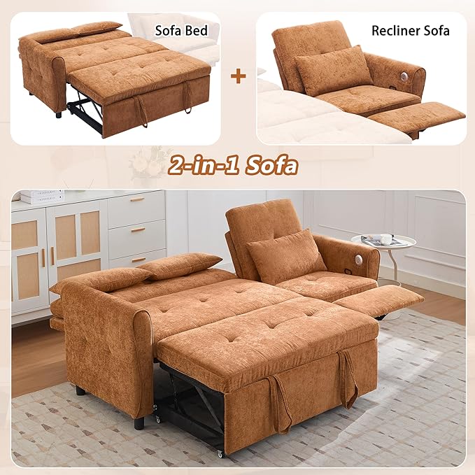 Merax 2-in-1 Convertible Sofa Bed &amp Recliner Sofa 82 3-Seater Sofa Pull-Out Sleeper Sofa 3 Level Adjustable Backrest Reversible Left/Right with USB Charging Ports Easy to Assemble (Orange)