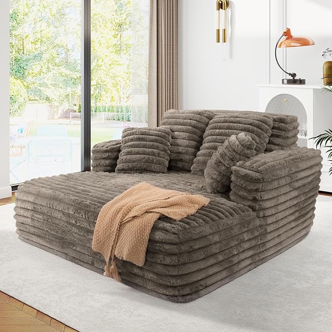 56 Oversized Chaise Lounge Chair IndoorPlush Faux Fur Sleeper Sofa Couch Bed with Pillows&ampWide ArmrestsFluffy Comfy Cloud CouchCompression Foam Couch for Living RoomBedroom(Brown)
