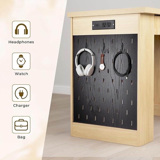RiteSune 55 Office Desk with USB Charging Fluted Computer Desk with Pegboard Convertible Keyboard Tray &amp Adjustable Storage Cabinet Modern Home Office Desk