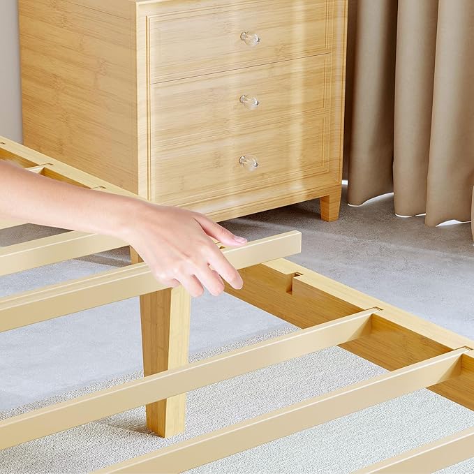 14in High Solid Bamboo Wood Platform Twin Size Bed Frame with Headboard Reinforced Heavy Duty Metal Slats Noise Free No Box Spring Needed Easy Assembly