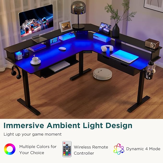RedLemon 60 Inches L Shaped Electric Standing Desk Height Adjustable Corner Gaming Desk with Drawers Power Outlets &amp LED Lights Computer Desk with Monitor Shelf Carbon Fiber Black