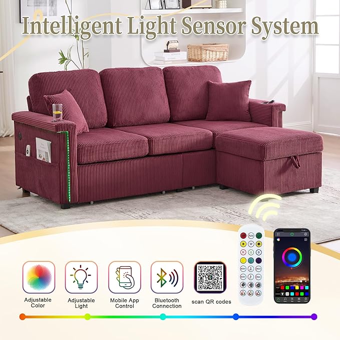 76'' Sectional Sofa Couches for Living Room 3 Seat L-Shaped Couch with Storage &amp Ottoman Corduroy Convertible Sofas with Chaise Apartment with USB Charging Cup Holder (Wine Red)