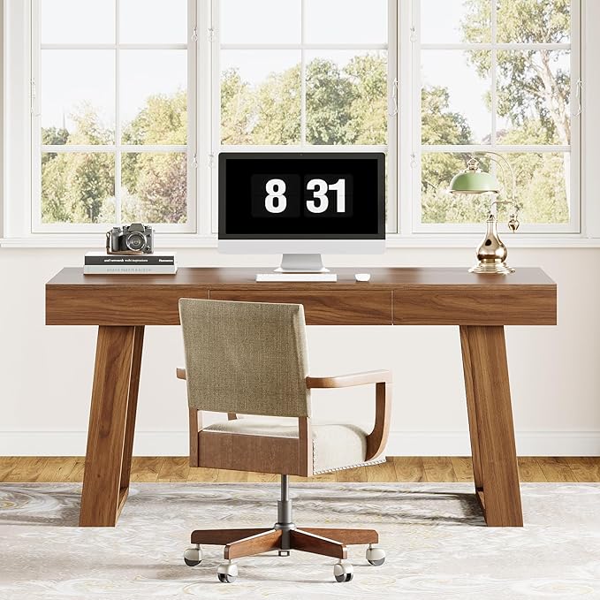 Tribesigns 55 Wide Desktop Executive Desk with Drawer Retro Brown Computer Office Desk Modern Wood Business Workstation Table for Home Office