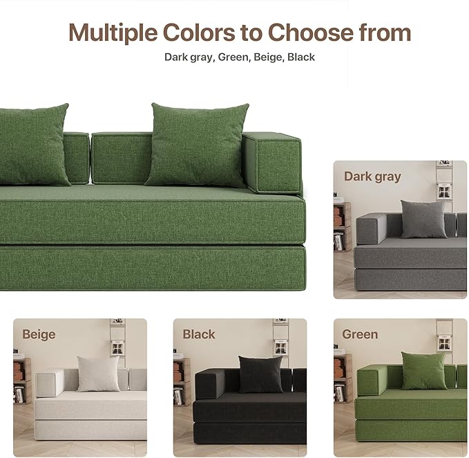 4-in-1 Convertible Sofa Bed 82“ Compression Sofa with Chenille Fabric Pull Out Sleeper Sofa with 2 Pillows &amp 4 Side Pockets for Living Room Bedroom Apartment No Assembly Required Green