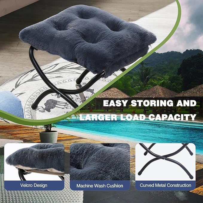 15 Foldable Foot Stool Ottoman with Metal Frame - Washable Faux Fur Navy Upholstered Indoor/Outdoor Footrest for Living Room Bedroom Patio - Space-Saving Compact Design