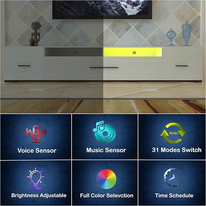 LED TV Stand for 65 75 85 Inch TV Modern Entertainment Center with Light String 31 Modes Full Color Selection Long TV Console with Large Storage for 90 Inch TV in Living Room Bedroom White