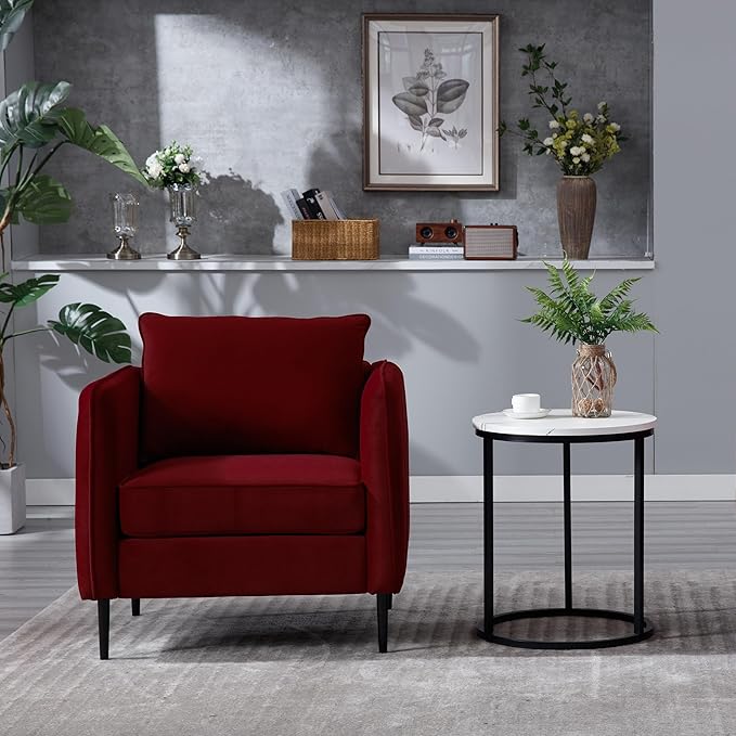 KEIKI Cloud Chair for Living Room Soft Velvet Single Seat Sofa with Bold Armrests and Metal Frame Comfy Accent Chair for Bedroom and Office Wine Red