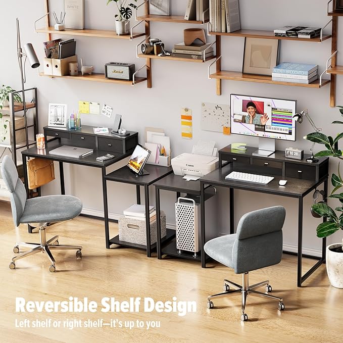 SINPAID 47 inch Computer Desk with Printer Shelf Gaming Desk with Monitor Stand and Drawers Reversible Home Office Desk with Storage Shelves and 2 Hooks Home Workstation for Study Writing Black