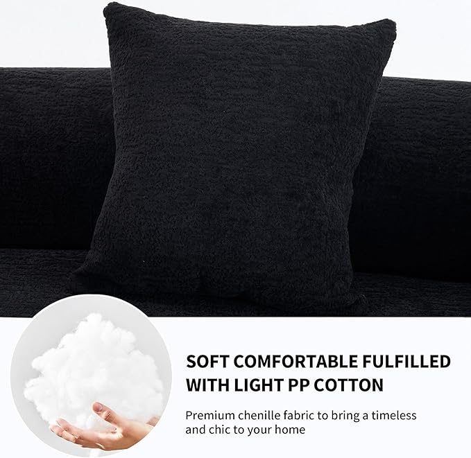 110 Black Curved Boneless Couch with Cushions Modern Cloud Sofa for Living RoomChenille Sectional Minimalist Deep Seat Luxurious No Assembly