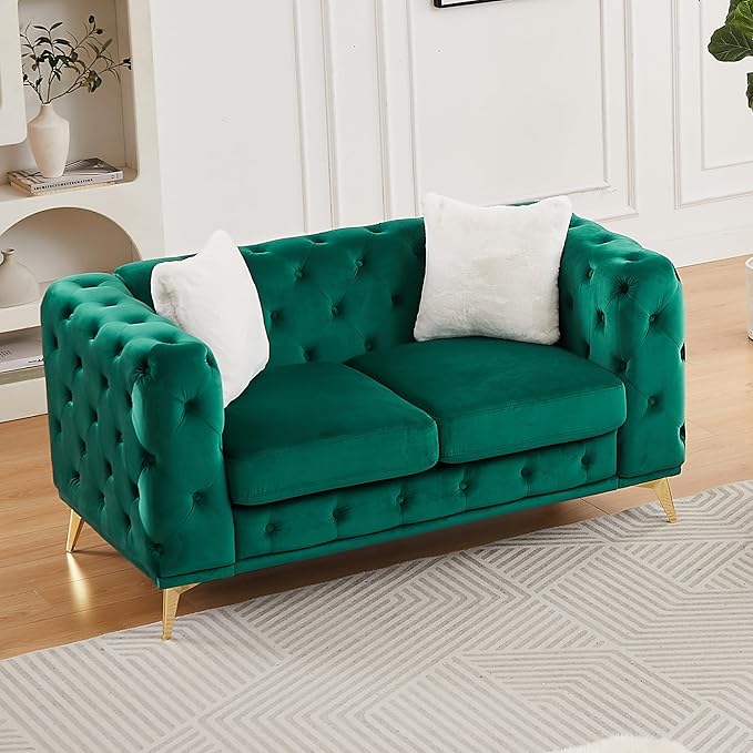 61.25'' Velvet Chesterfield Sofa Button Tufted Upholstered Love Seat Sofa Couch with 2 Pillows Golden Metal Feets Removable Thick Cushions Small Loveseat Couches for Living Room Apartment Green