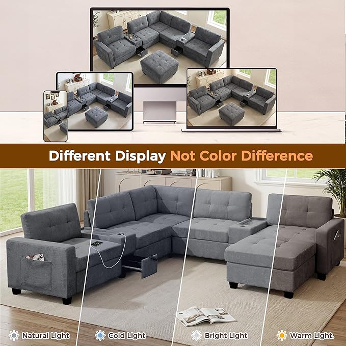 103'' Modular Sectional Sofa couch with 2 Acrylic Consoles Oversized U Shaped Couch Set with USB Charger Storage DrawersPockets and Movable Ottoman Chenille Sectional Couches for Living Room Gray