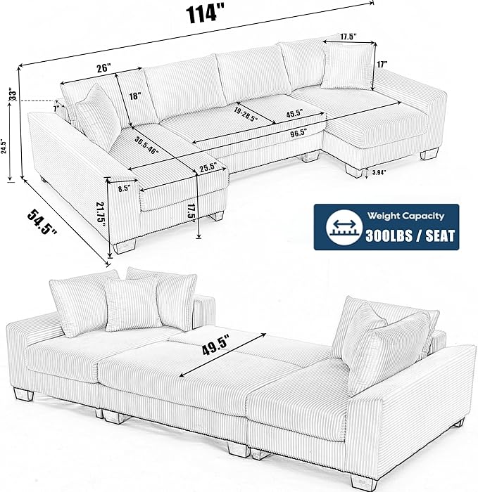 KEIKI 114 U-Shaped Corduroy Sleeper Sectional Sofa with Pull-Out Bed Adjustable Backrest 2 Chaise Lounge 2 Pillows Convertible 4-Seater Upholstered Couch Easy Assembly for Living Room Black