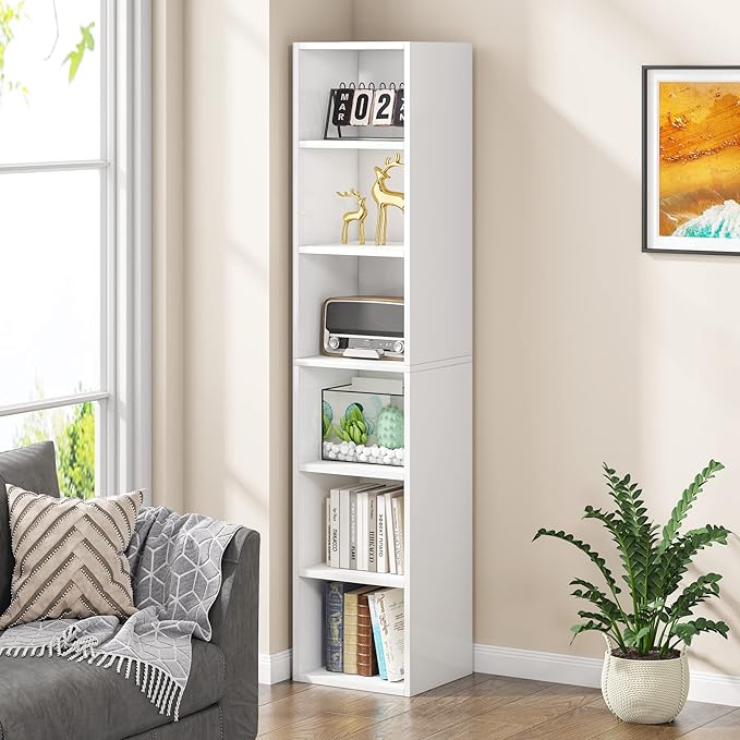 LITTLE TREE 70.9 Inch Tall Narrow Bookcase Corner Bookshelf 6 Tier Cube Display Shelf Storage Organizer for Small Space White