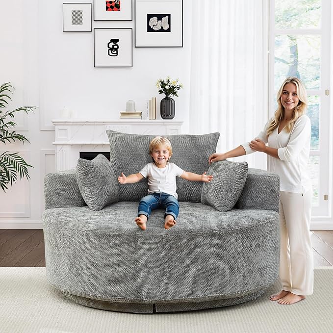 Oversized Round Swivel Chaise Longue Chair Indoor Modern 55-inch 360 Degree Swivel Upholstered Waffle Chenille Deep Seat Circle Single Cloud Sofa Chair for Living Room Bedroom Apartment Office Grey