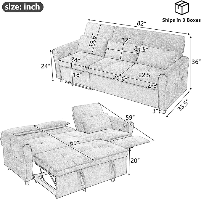 ERYE L-Shaped Reversible Recliner Sectional Sofa Chenille Upholstered Pull Out Convertible Sofabed with Pull Out Sleeper Couch Bed and Recliner Chaise Lounge and USB-C Ports