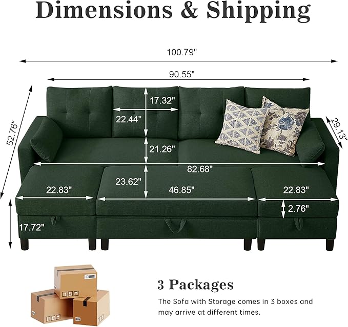 101 Convertible Sectional Sofa Modern Linen Fabric U-Shaped Couch with Reversible Chaises and Ottoman Coffee Table 4 Seat Sofa Couches for Living Room Apartment Office Green