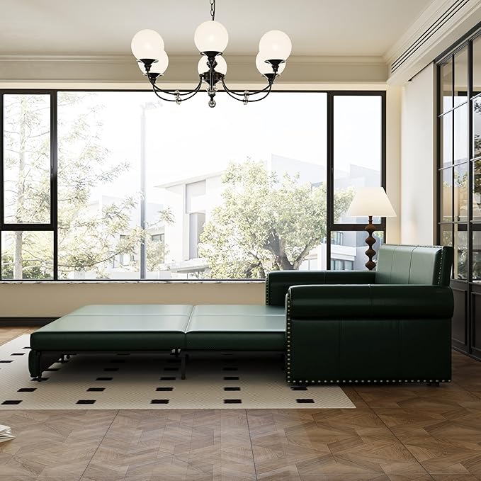 93.7 King Pull Out Sofa Bed Faux Leather Sleeper Sofa Couch 3 in 1 Convertible Futon Couches for Living Room Small Space Apartment Office Bedroom Modern Rivet Armrest Green