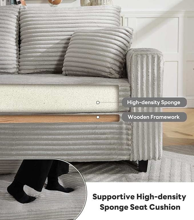 Tbfit 63.4 Oversized Loveseat with Storage Ottoman Comfy Chaise Lounge Chair Indoor Corduroy Sleeper Sofa Bed Modern Upholstered Love Seat Couch for Living Room Bedroom Apartment Grey | Breatha