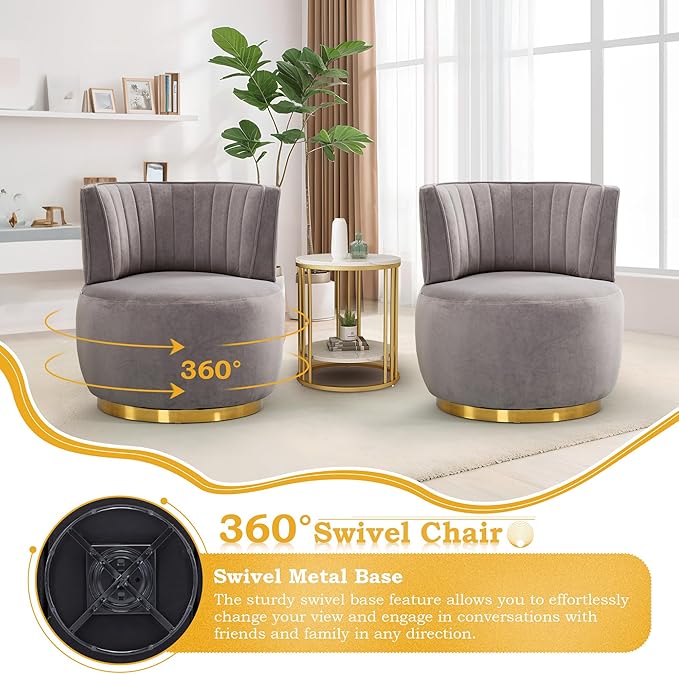 SLEERWAY 360° Swivel Barrel Chair Modern Velvet Round Accent Chair Comfy Upholstered Small Armchair with Gold Metal Base for Living Room Bedroom Nursery Office Sillas para Sala Gray