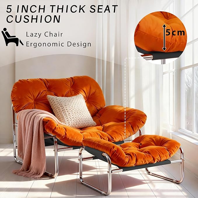YOXIFOC Modern Style Recliner Armchair with Footrest Multifunctional Leisure Chair with Thickened Cushion and Phone Holder Suitable for Bedroom/Living Room Reading Chair/Garden/Patio (Orange)