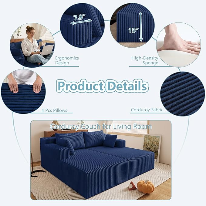 71 Oversized Chaise Lounge ChairSectional Double Lounge Chaise with Pillows Upholstered Corduroy Boneless Lounge Chair Fluffy Modern Loveseat Sleeper Sofa for Living Room or Bedroom(Blue)