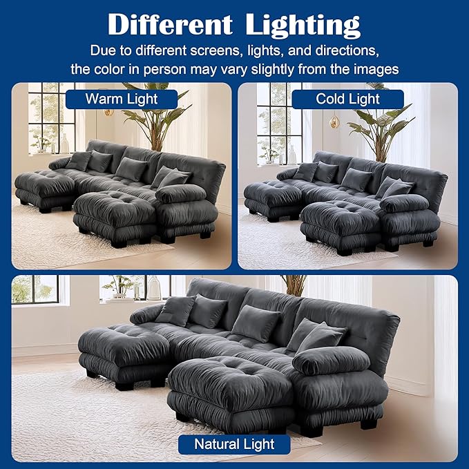 Oversized Cloud Couch Fluffy Sectional Couch for Living Room L Shaped Sofa with Movable Ottoman Chenille Grey