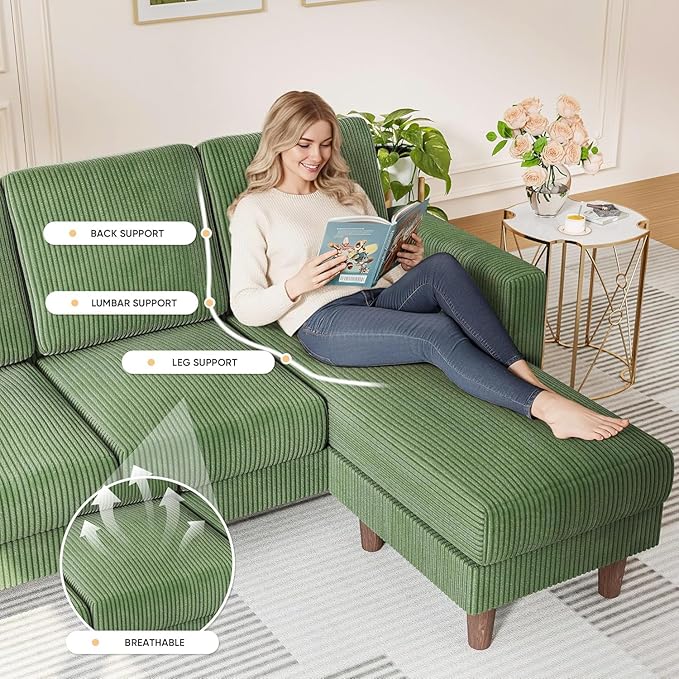 Homall Convertible Sectional Sofa 3 Seat L Shaped Couch with Side Storage Pocket Sofas with Movable Ottoman Corduroy Small Couches for Living Room &amp Apartment (Corduroy Green)