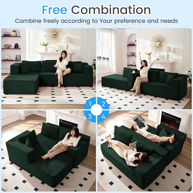 PUREMIND 106 Cloud Sectional Couch for Living Room Corduroy L Shape Sofa with Deep Seat Modern Green Couches Modular Boneless Foam Couch Corner Couches No Assembly Required