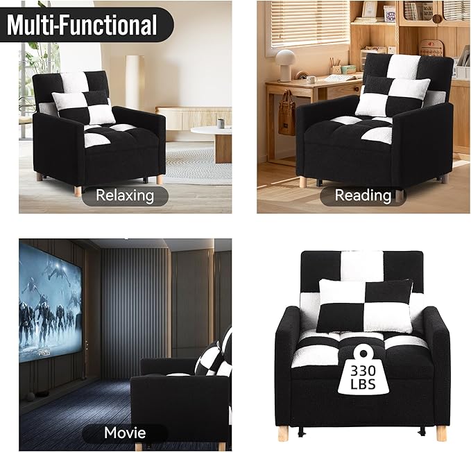 Sleeper Sofa Bed 3-in-1 Convertible Chair Bed Multi-Functional Sleeper Chair Soft Teddy Fabric for Living Room Apartment Office