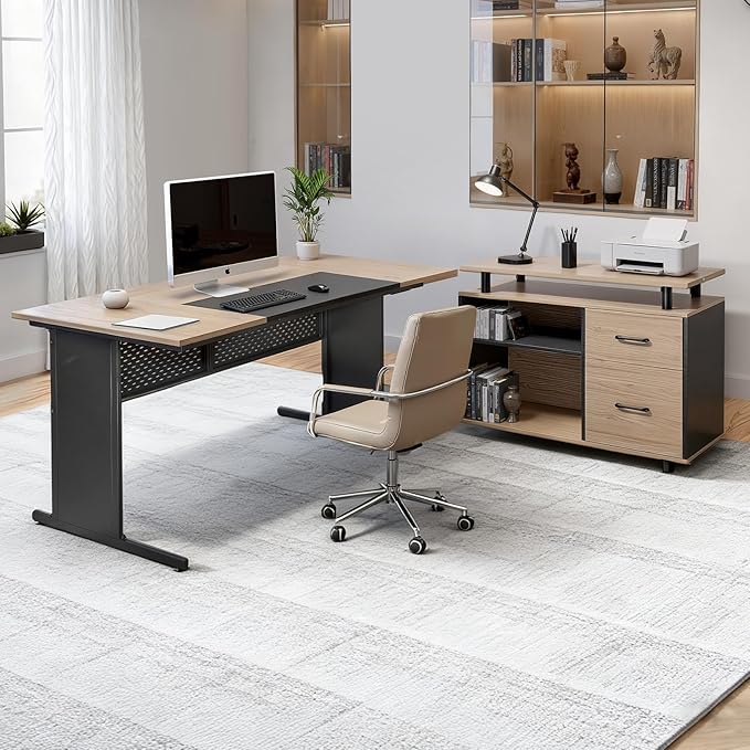 VEVOR 63 L-Shaped Executive Desk Large Office Desk with Drawers File Storage Cabinet Detachable 350 LBS Load Capacity Corner Table Easy Assembly Business Furniture Workstation for Home Office