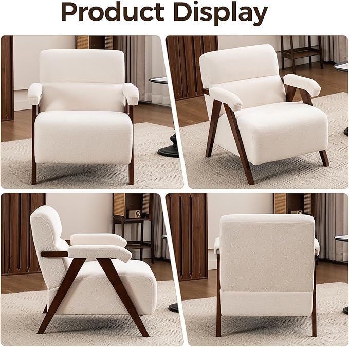 Accent Chair Mid Century Modern Living Room Chairs with Thick Cushion Comfy Upholstered Armchair Cozy Small Side Chairs for Reading Room Bedroom Ivory
