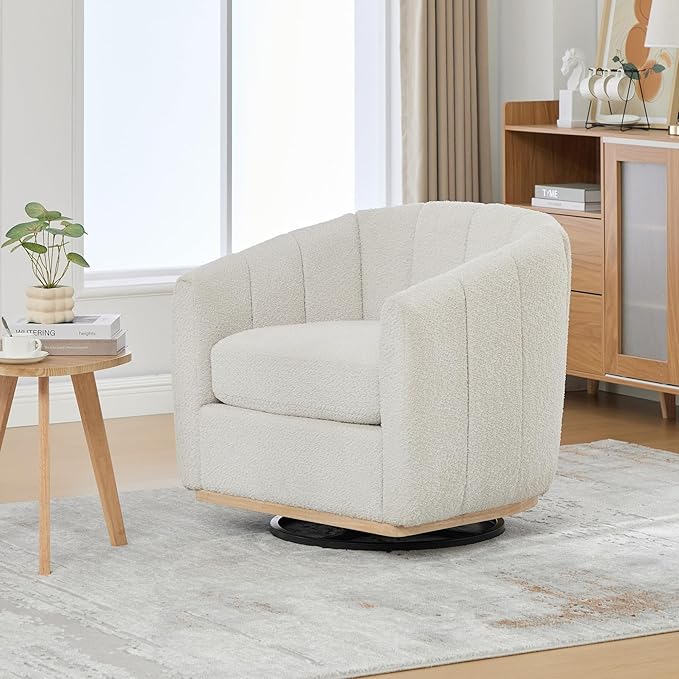 Swivel Accent ChairModern Barrel Chair with 360° RotationChenille Fabric UpholsteryFoam Cushion &amp Pocket Spring SeatSturdy Round BaseCozy Pumpkin Armchair for Living Room Bedroom OfficeIvory