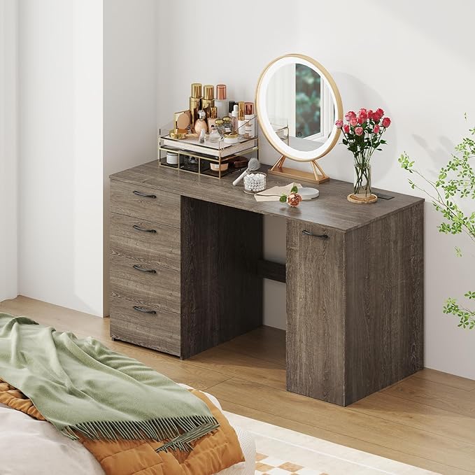 Giantex Computer Desk with Drawers 53 Inch Home Office Desk with Charging Stations Storage Cabinet &amp 5-Level Adjustable Shelf Makeup Vanity Table Writing Desk Modern Executive Desk Grey Oak
