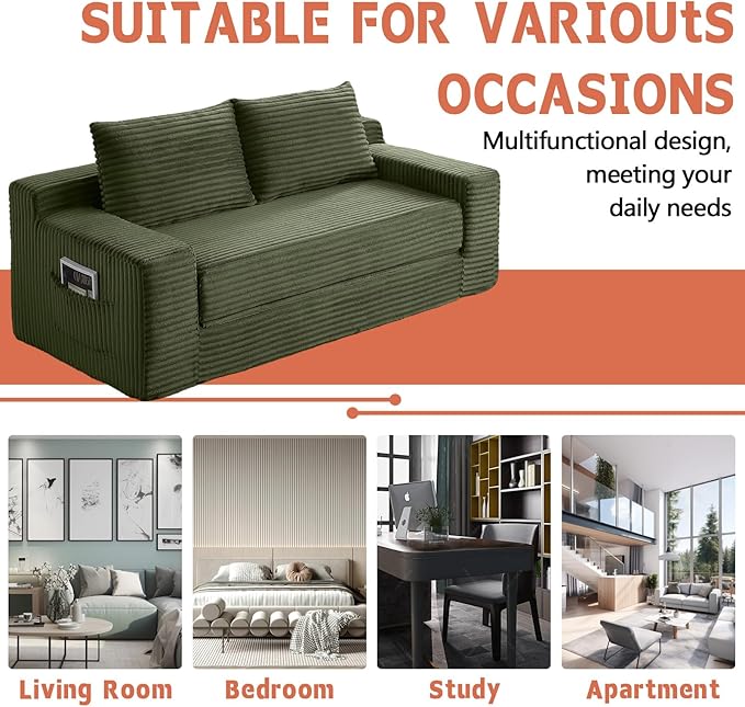 73 Boneless Loveseat Couch 2 in 1 Pull Out Sleeper Sofa with Side Pockets &amp 2 Pillows Folding Convertible Corduroy Floor Couch for Apartment Living Room Bedroom No Assembly(Green)