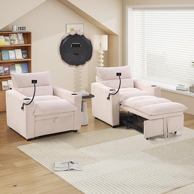 EBELLO Convertible Small Sleeper Sofa Chair 3-in-1 Corduroy Futon Sofa Bed 1 Seater Couch Daybed with Charging Ports Phone Cup Holders Adjustable Backrest for Small Living Room Beige