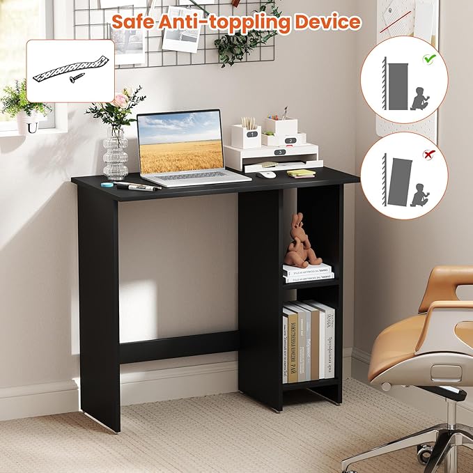 Giantex Small Desk Compact Study Writing Desk with 3-Position Adjustable Shelf Anti-Toppling Kit Modern PC Laptop Table Home Office Computer Workstation for Small Space Bedroom Dorm Black