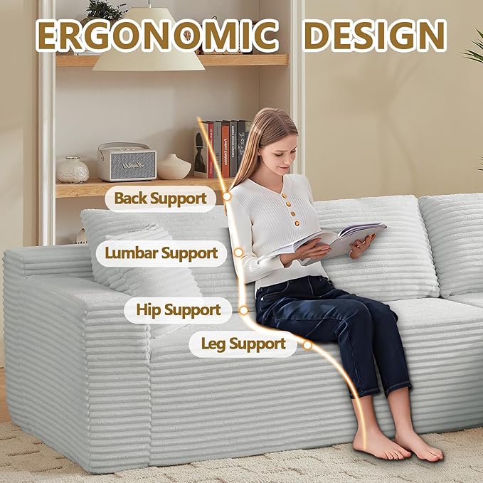 103'' Boneless Cloud Couches for Living Room Corduroy L Shaped Modular Sectional Sofa Couch W/Deep Seat &amp High-Back Comfy Memory Foam Couch Sofa in A Box (Light Grey Right Facing Chaise)
