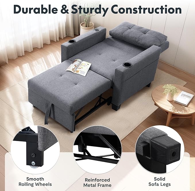 FLEXISPOT XCT2 Sleeper Chair Bed Sofa Bed Chair 3 in 1 w/USB Port Pillow Cup Holders Convertible Pull Out Bed W/Adjustable Backrest for Living Room Apartment Small Space Grey
